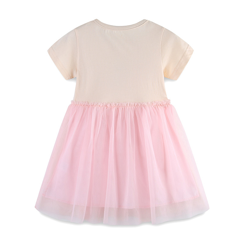 OEM ODM Girls Pink Ballerina Print Cotton Blend Tulle Dress Round Neck Ruffle Toddler Summer Casual Play Dress Clothes for Kids