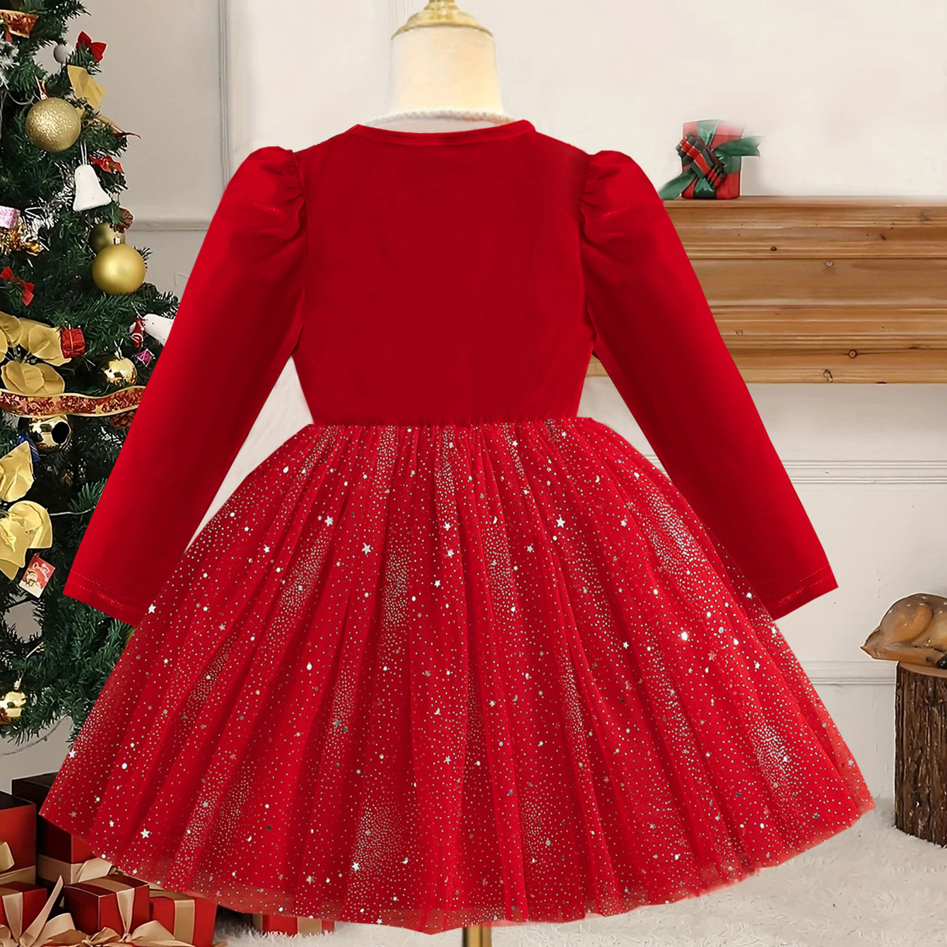 Luxury Girls Christmas Red Sequin Dress Kids Velvet Tulle Long Sleeve Princess Gown for Holiday Party