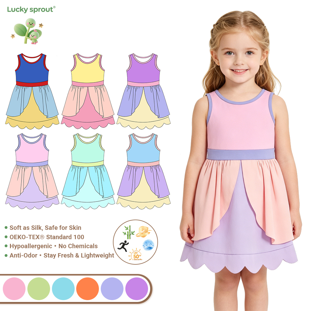 Girls' Wholesale Princess Inspired Sleeveless Dress Bulk Color Block Scallop Hem Sundress Girls Yoga Dress