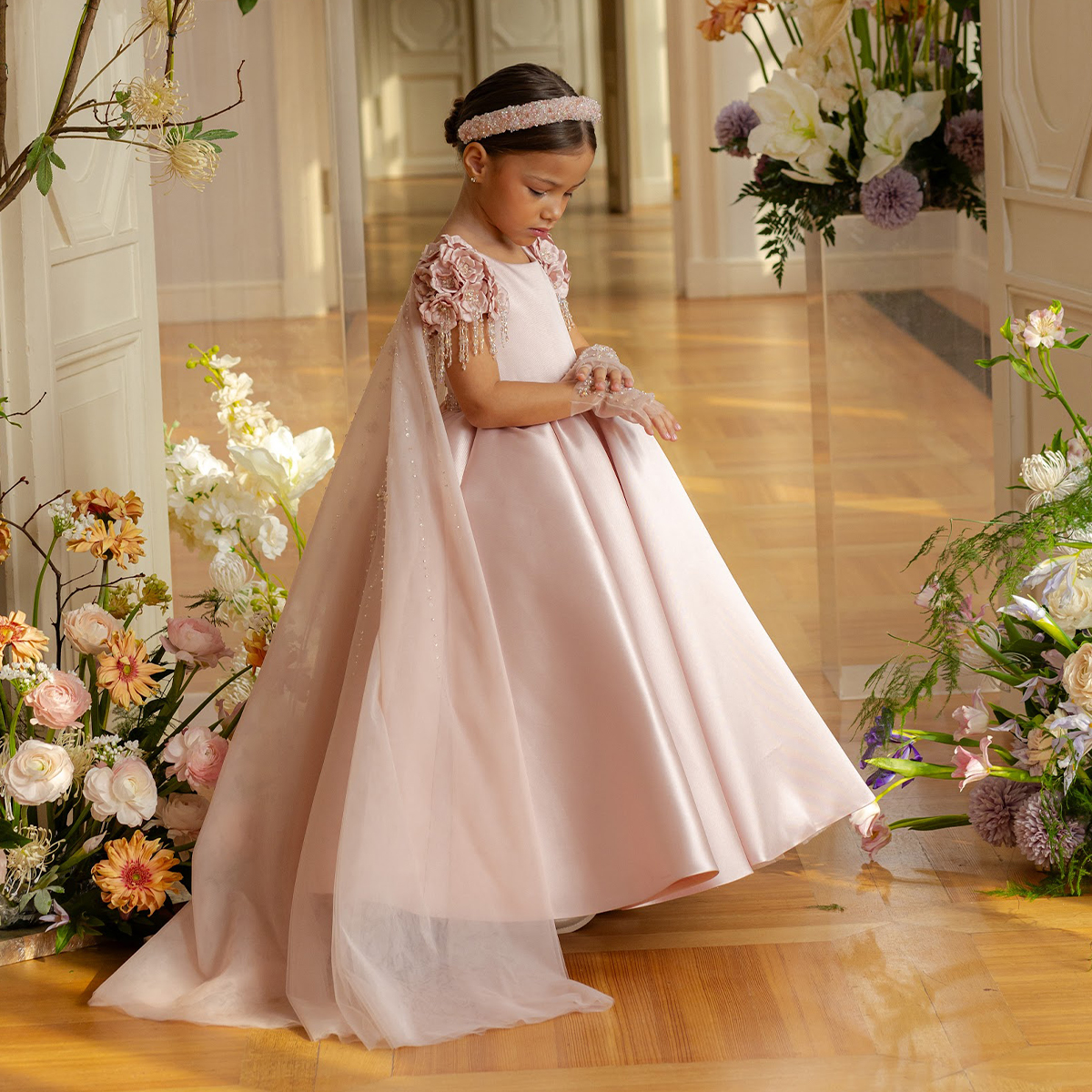 Pink Satin Western Special Occasion Kid Wedding Party Formal Design Beads High Quality Floor Length Children Flower Girl Dress