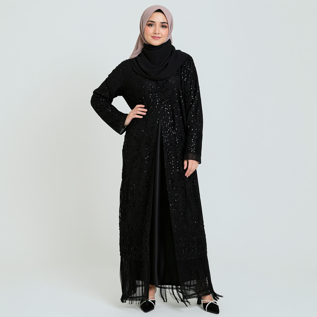Lignes Factory Custom Black Sequin Open Abaya, Wholesale Muslim Eid Modest Evening Dress