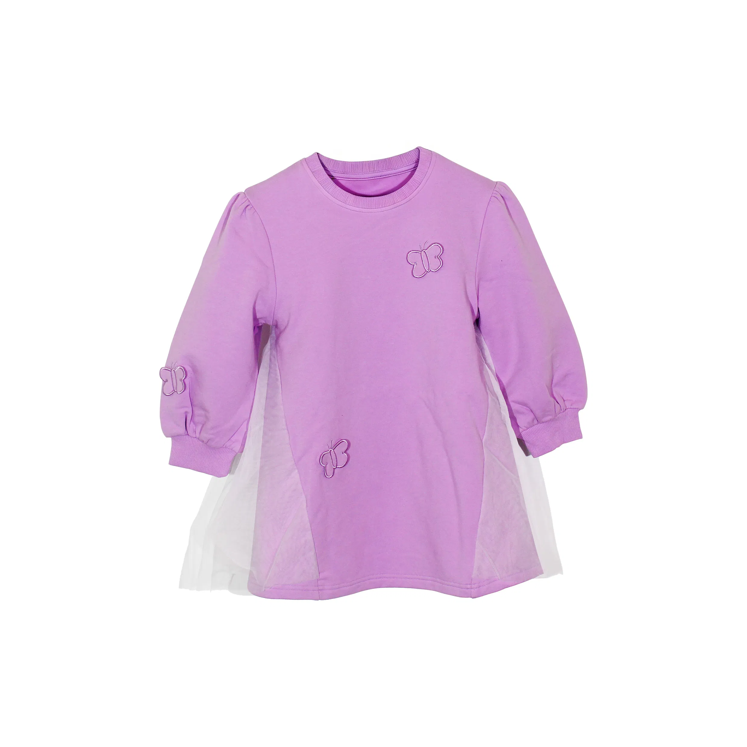 Girls Purple Long Sleeve Knit Dress with Butterfly Embroidery and Tulle