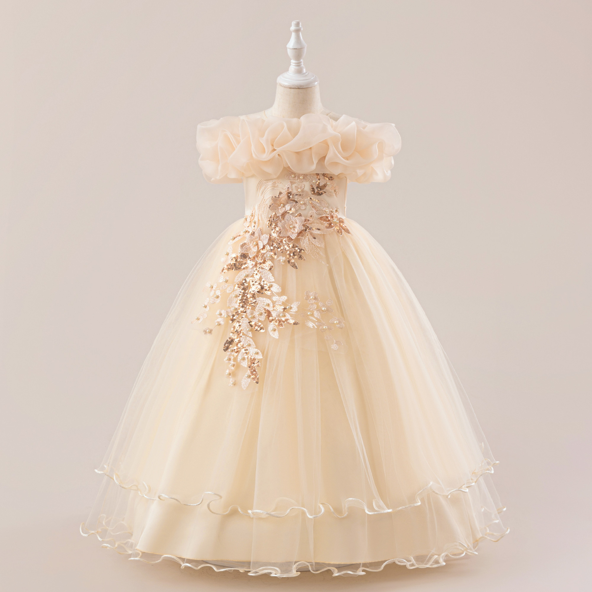 Vintage Sequin Flower Girl Dress One Shoulder Floral Princess Puffy Gown for Girls Birthday Party Stage Performance Wear Dress