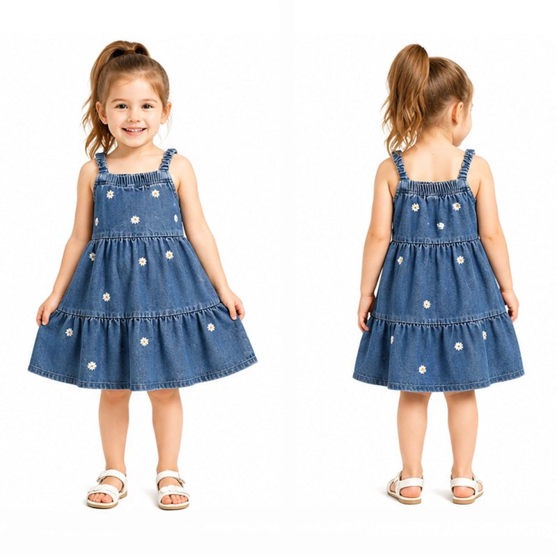 Girls Cotton Denim Sundress Daisy Embroidery Sleeveless Tiered Summer Casual Dress OEM