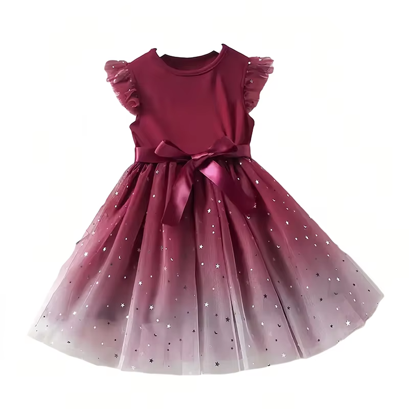 Girls Sleeveless Dot Print Bow Ruffled Layered Princess Party Dress Kids Flower Girl Birthday Dress Wholesale OEM