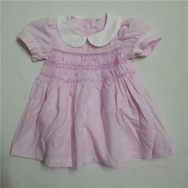 Girls Pink Peter Pan Collar Smocked Dress with Hand Embroidery Lace Trim and Waist Bow Kids Summer Cotton Dress