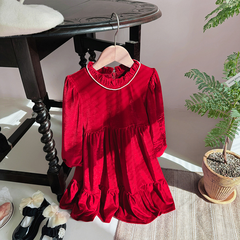 Winter Celebrity Design Kids Christmas Fashion Velvet High Quality Dress Toddler Baby Girl Long Sleeve Elegant Princess Dress