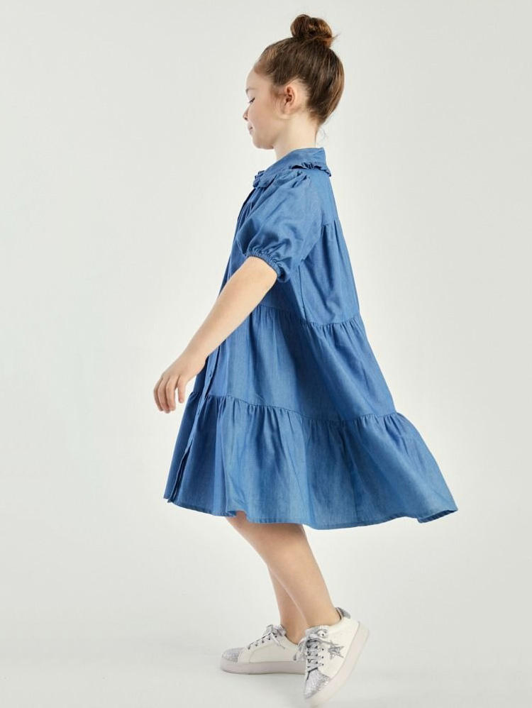 Ladies Dress Girls' Summer Faux Denim Doll-Collar Knee-Length Breathable Kids' Dress Kids Dress Relax Lady Dress Daily Sweet Cute Puffed Sleeves Loose