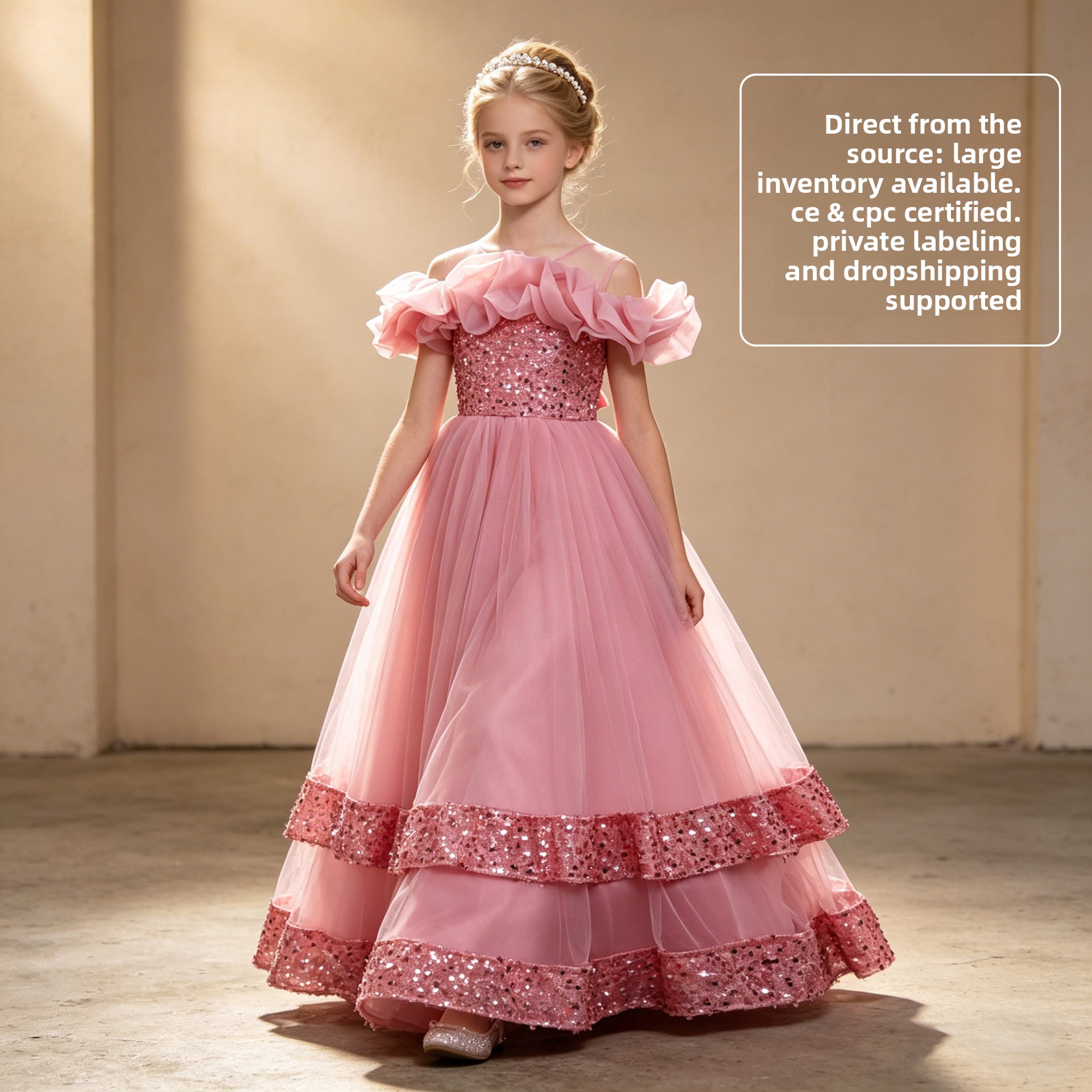 Princess Tulle Long Pageant Dress Off-Shoulder Ruffle Neck Sparkle Sequin Flower Girl Birthday Formal Events All Seasons ODM
