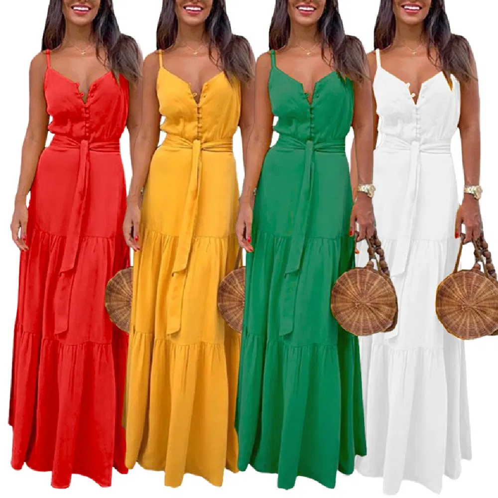 New Arrivals Solid Color Girls Spaghetti Strap Summer Dresses Women Casual Sleeveless V-Neck Long Maxi Dress Ladies