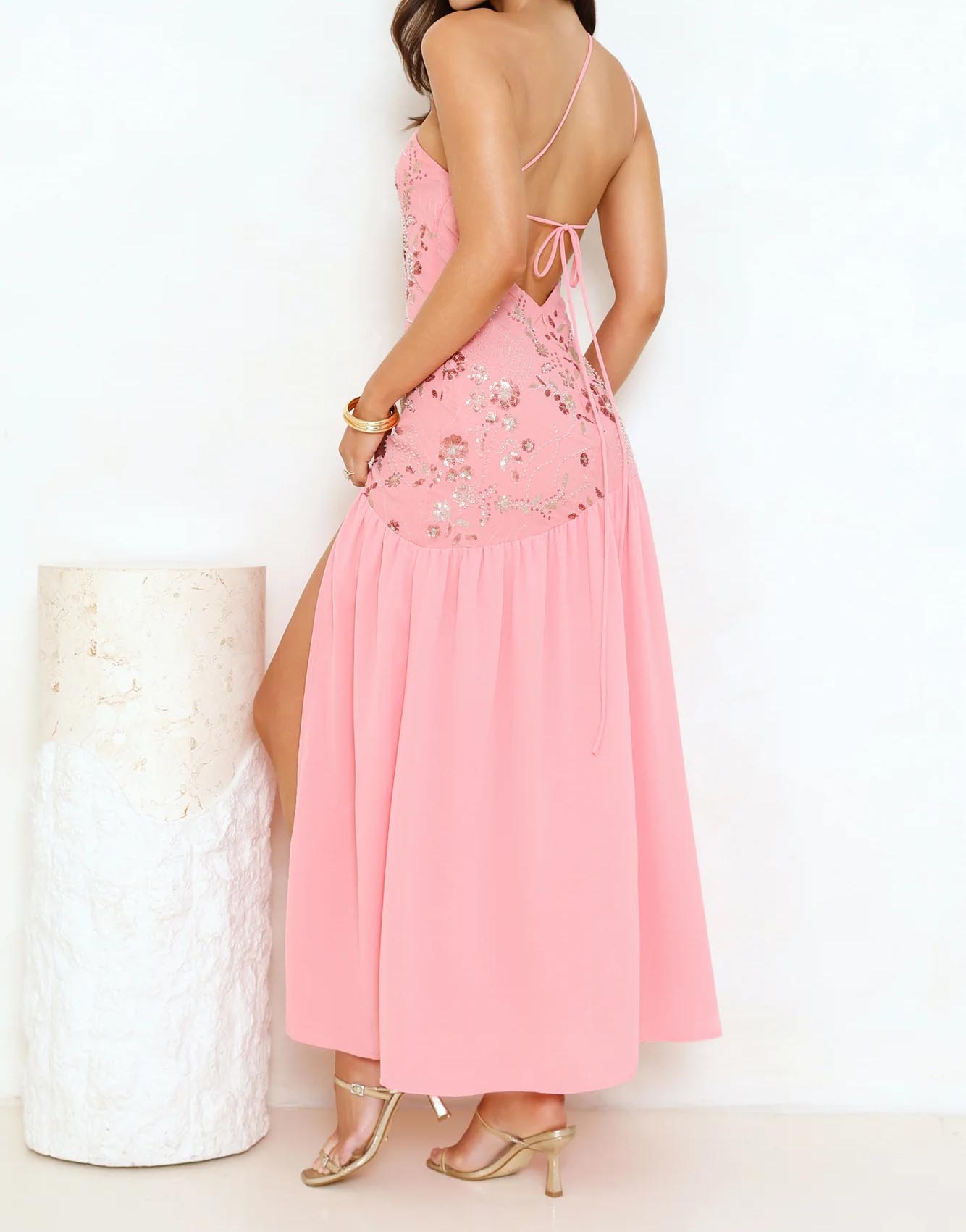 Women's Dress One-shoulder Spaghetti Strap Maxi Dress With Floral Sequin Embroidery Slit Dress For Party Wear