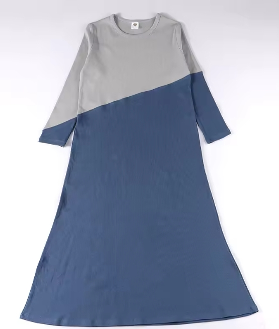 Girls Nightgown Long Sleeves Clothes Contrast Ribbed Maxi Dress Casual Women Dresses Cotton 2*2 Rib