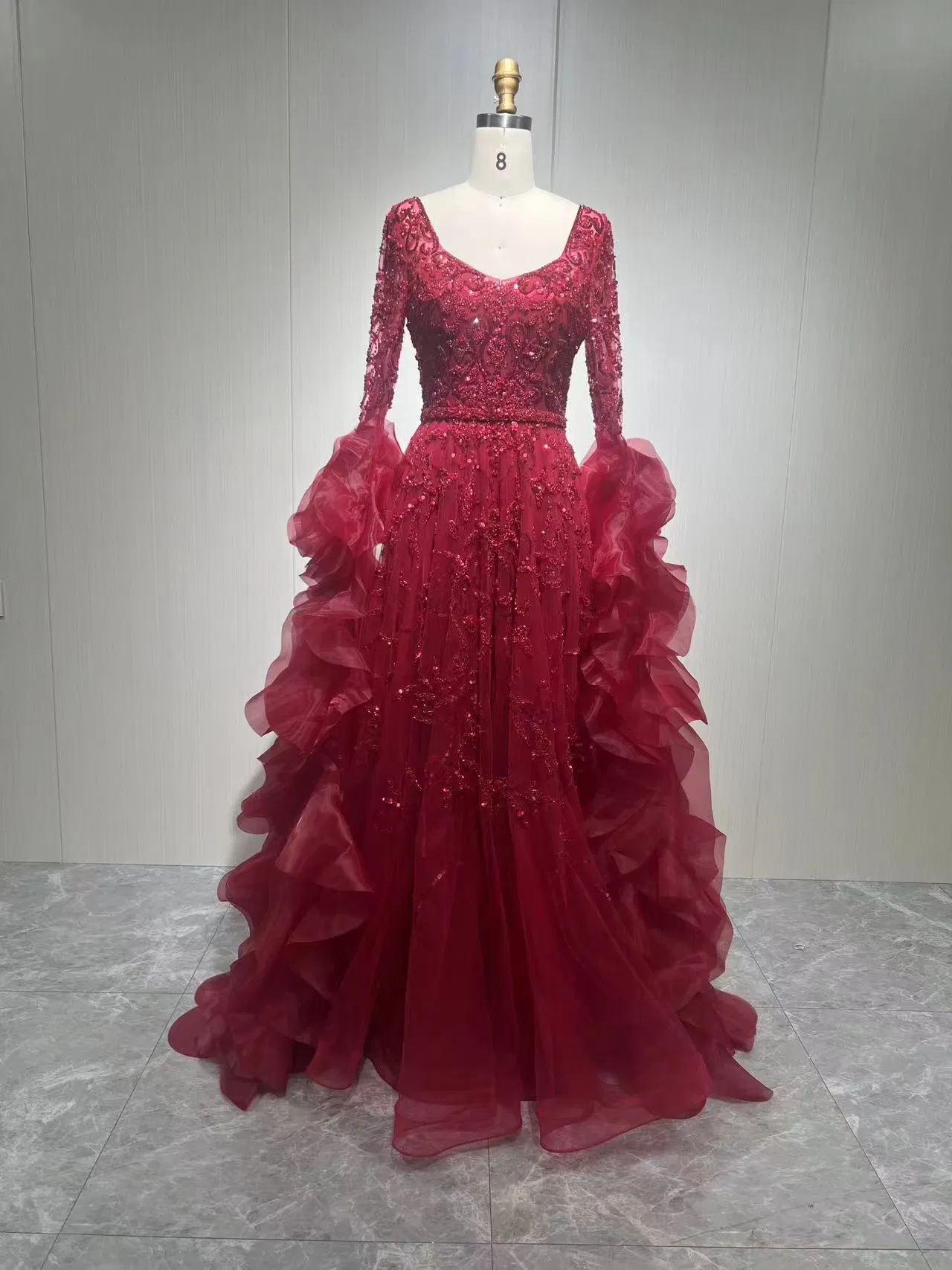Glam Red Beaded Long Sleeve Ruffle Tulle Evening Dress for Formal Events Evening Dress Prom Dress Sexy Dress Vestido De Noche Girl Dress