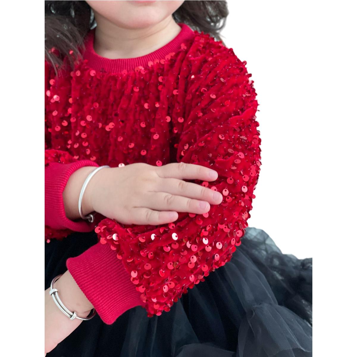 Custom Comfortable Long Sleeve Red Velvet Girl Princess Dress Sequin Tulle Dress for Girls
