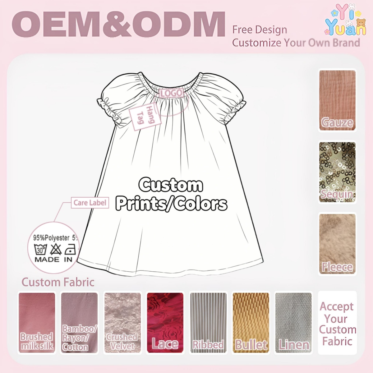Custom Prints Colors Sizes Fashion Cotton Girls Dresses Puff Sleeve Dress Toddler Kids Children Summer Casual Playwear Wholesale