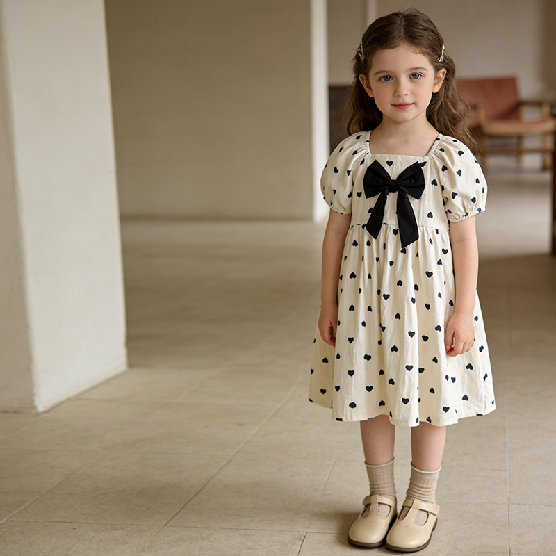 Girls White Heart Print Dress Black Bow Decor Puff Short Sleeve Toddler Princess Sundress Cute Party Casual Kids Summer Clothing
