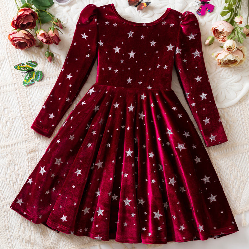 Hot Sale O-Neck Sweet Long Sleeve Winter Girls' Mini A-Line Polyester Velvet Stars Printed Christmas Dresses