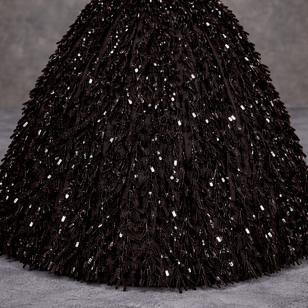 Black Sequin Off-Shoulder Party &amp; Ball Gown for Girls | Elegant Designer Fringed Sparkly Birthday | OEM Brand Made in India