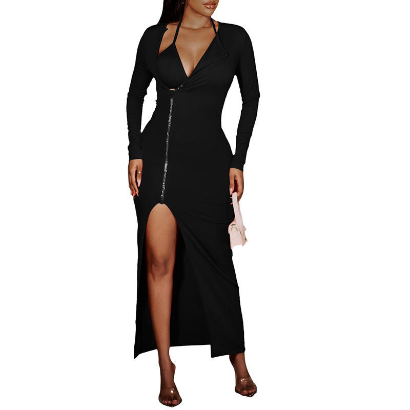 Women Sexy Solid Color Slit Long Sleeve Dress Front Zipper Body Con Dress Girls Dresses