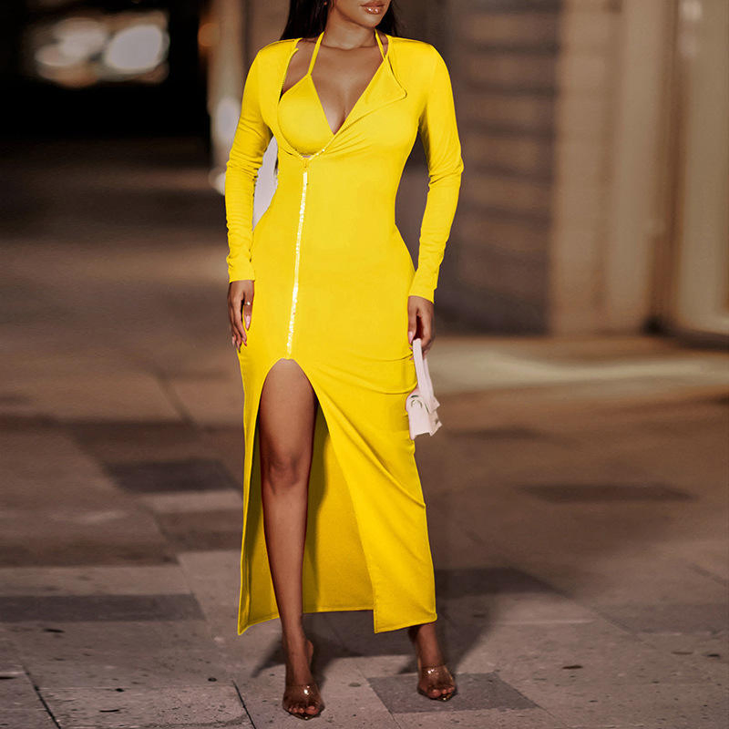 Women Sexy Solid Color Slit Long Sleeve Dress Front Zipper Body Con Dress Girls Dresses