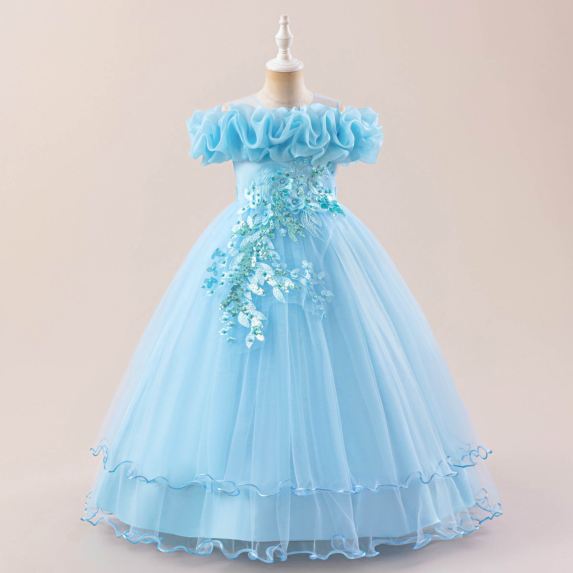 Vintage Sequin Flower Girl Dress One Shoulder Floral Princess Puffy Gown for Girls Birthday Party Stage Performance Wear Dress