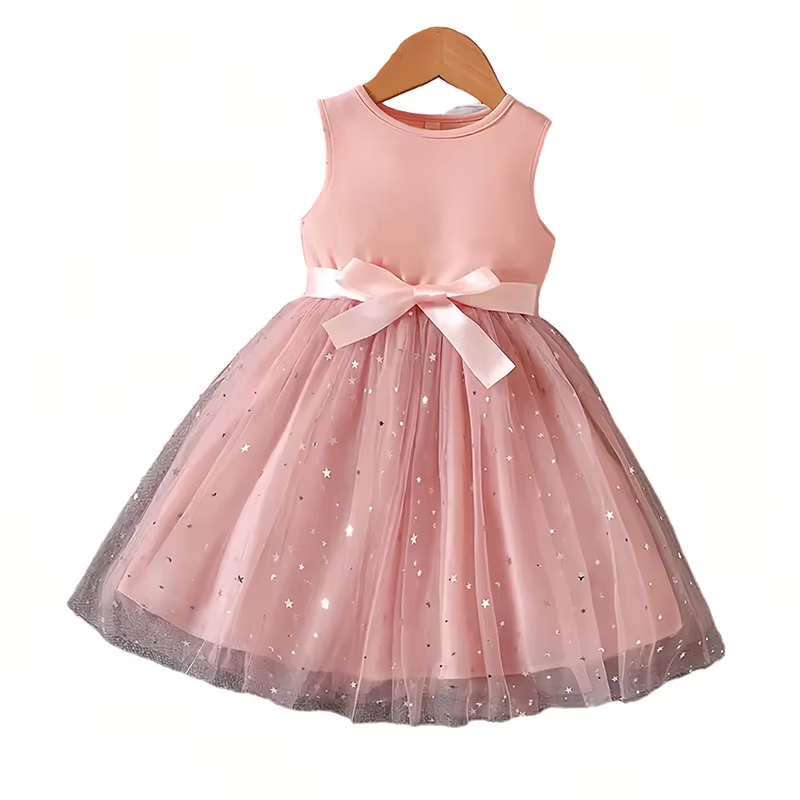 Girls Sleeveless Dot Print Bow Ruffled Layered Princess Party Dress Kids Flower Girl Birthday Dress Wholesale OEM