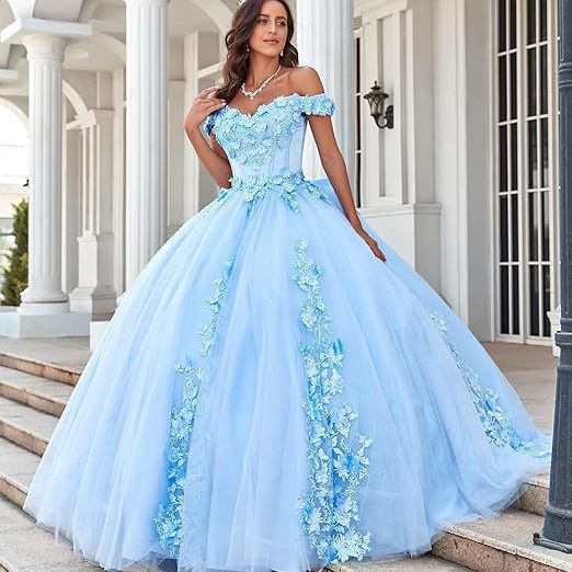 LY-QD0092 Baby Blue Quinceanera Ball Gown Off-Shoulder Lace Girls 15 Year Princess Dress Customize Color Vestidos De 15 Aos