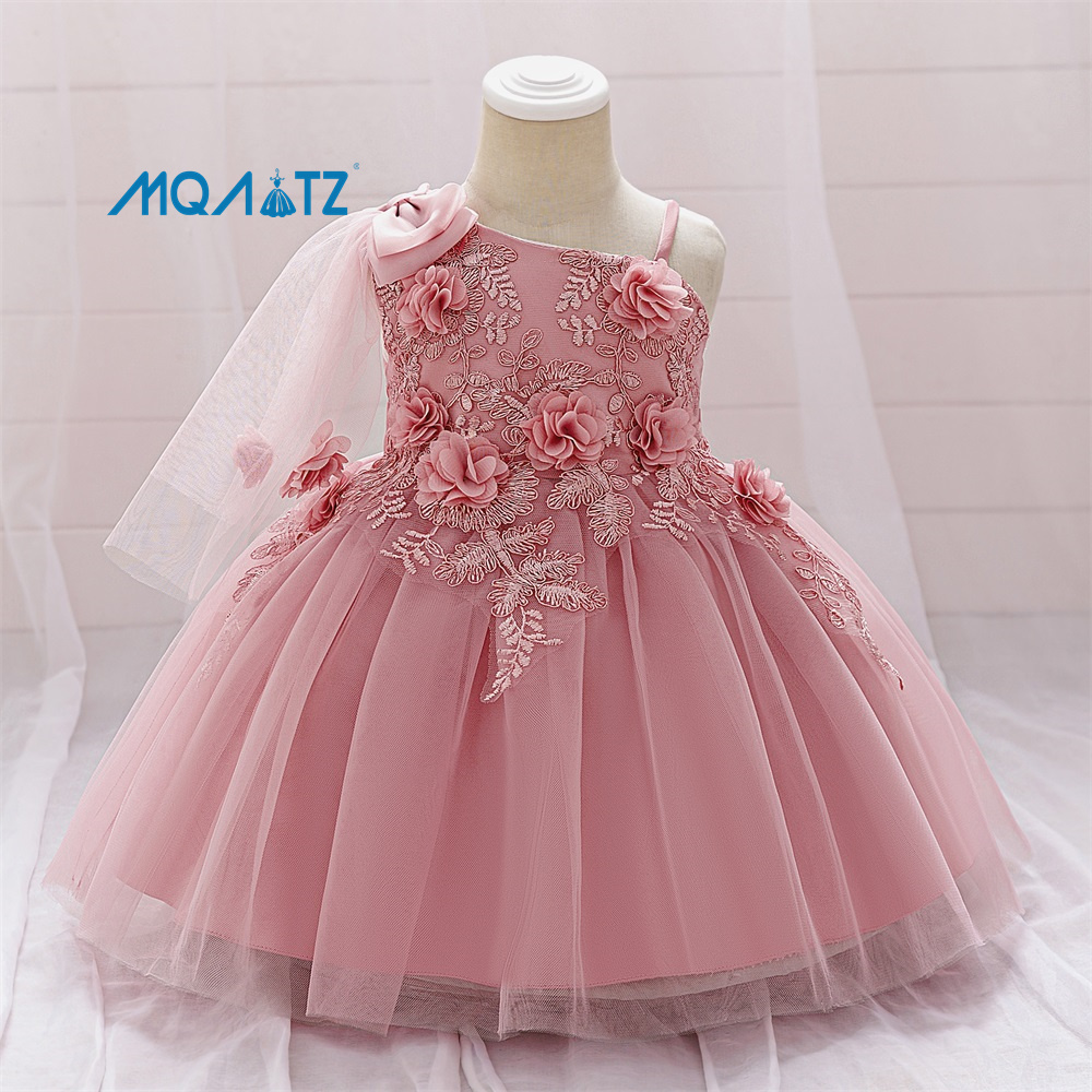 Girls Formal Baptism Dress Kids Party Dress Floral Embroidery Flowers Knee-Length 1-Year Baby Girl Wedding Dress