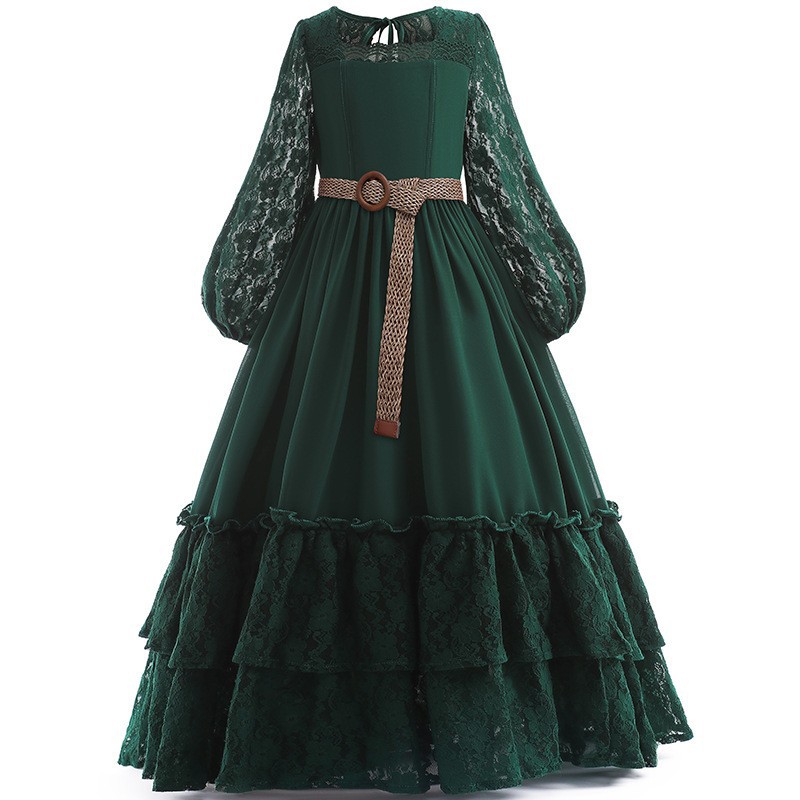 Girls Halloween Vintage Lace Princess Long Dress for Wedding Party Pageant Evening Formal Prom Ball Gown