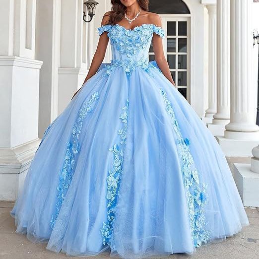 LY-QD0092 Baby Blue Quinceanera Ball Gown Off-Shoulder Lace Girls 15 Year Princess Dress Customize Color Vestidos De 15 Aos