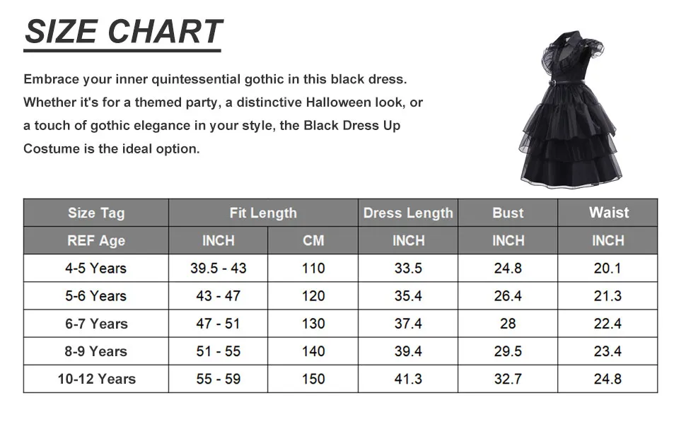 3-12 Years Wednesday Addams Dress Gifts for Girls Cosplay Black Party Gown