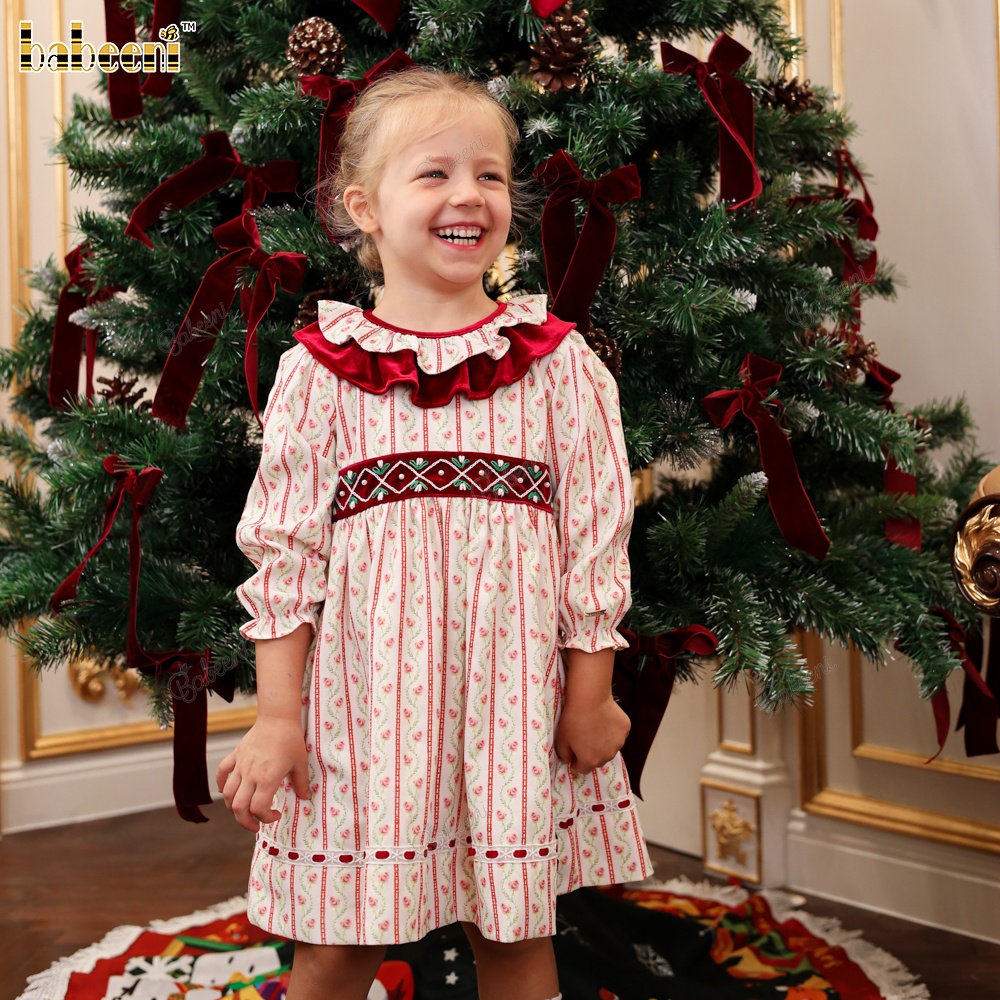 Girls Children Holiday Print Dress O-Neck Collar Velvet Waistband 100% Cotton ODM Wholesale Smocked A-Line Mini Casual