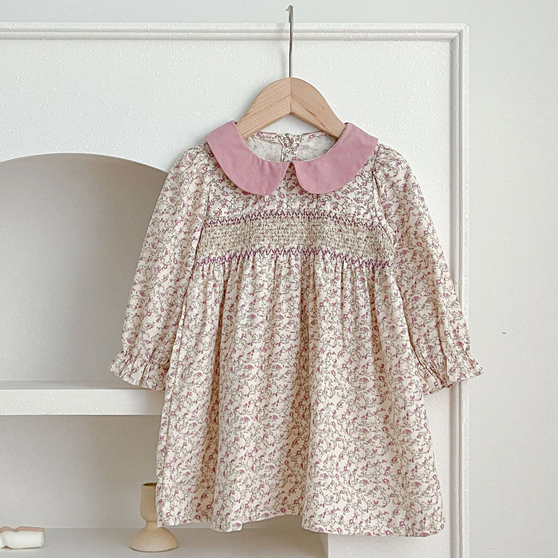 1-6Yrs Girls Baby Dress 2026 Spring Floral Dress Sweet Princess Girl Kids Doll Collar Cotton Birthday Dresses Children Clothes