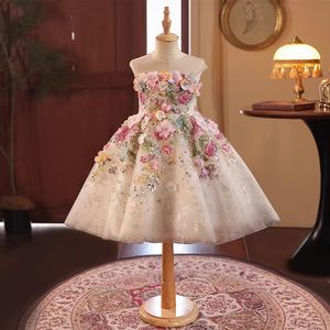 Luxury Girls Princess Chiffon Dress Eco-Friendly Floral Pattern Appliqued Puffy White Tutu for Birthday &amp; Wedding Kids Frocks