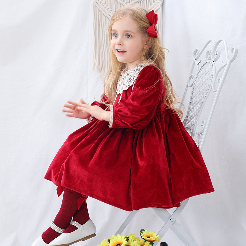 Kids Boutique Dress Winter Party Red Velvet Girls Spanish Dress Baby Christmas Dress