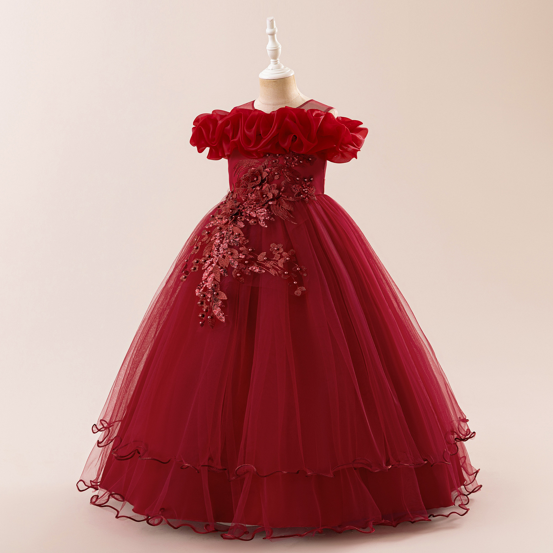 Vintage Sequin Flower Girl Dress One Shoulder Floral Princess Puffy Gown for Girls Birthday Party Stage Performance Wear Dress