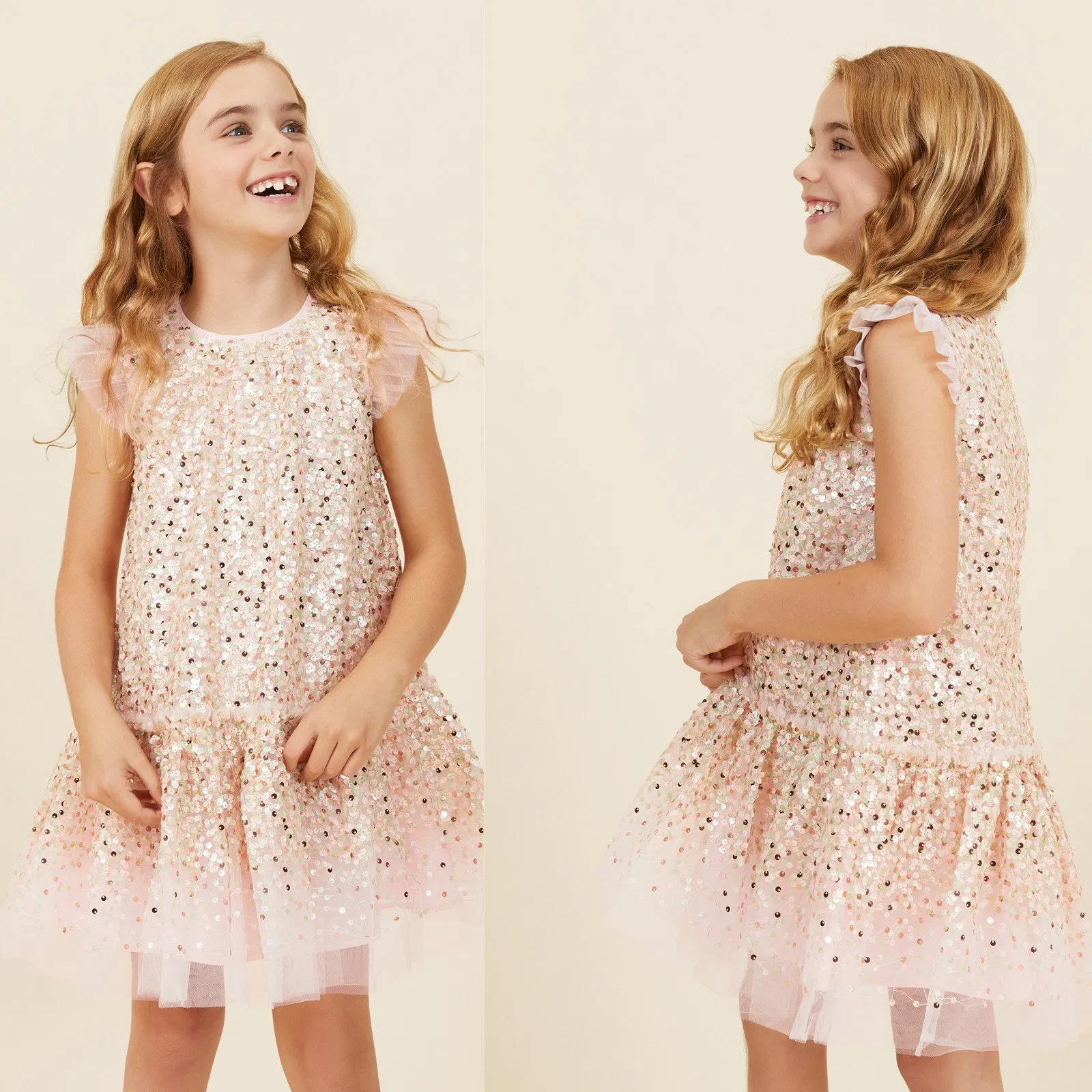 OEM Acceptable Hot Selling Girls Party Dress Sleeveless Puff Sequin Crew Neck Girls Dress