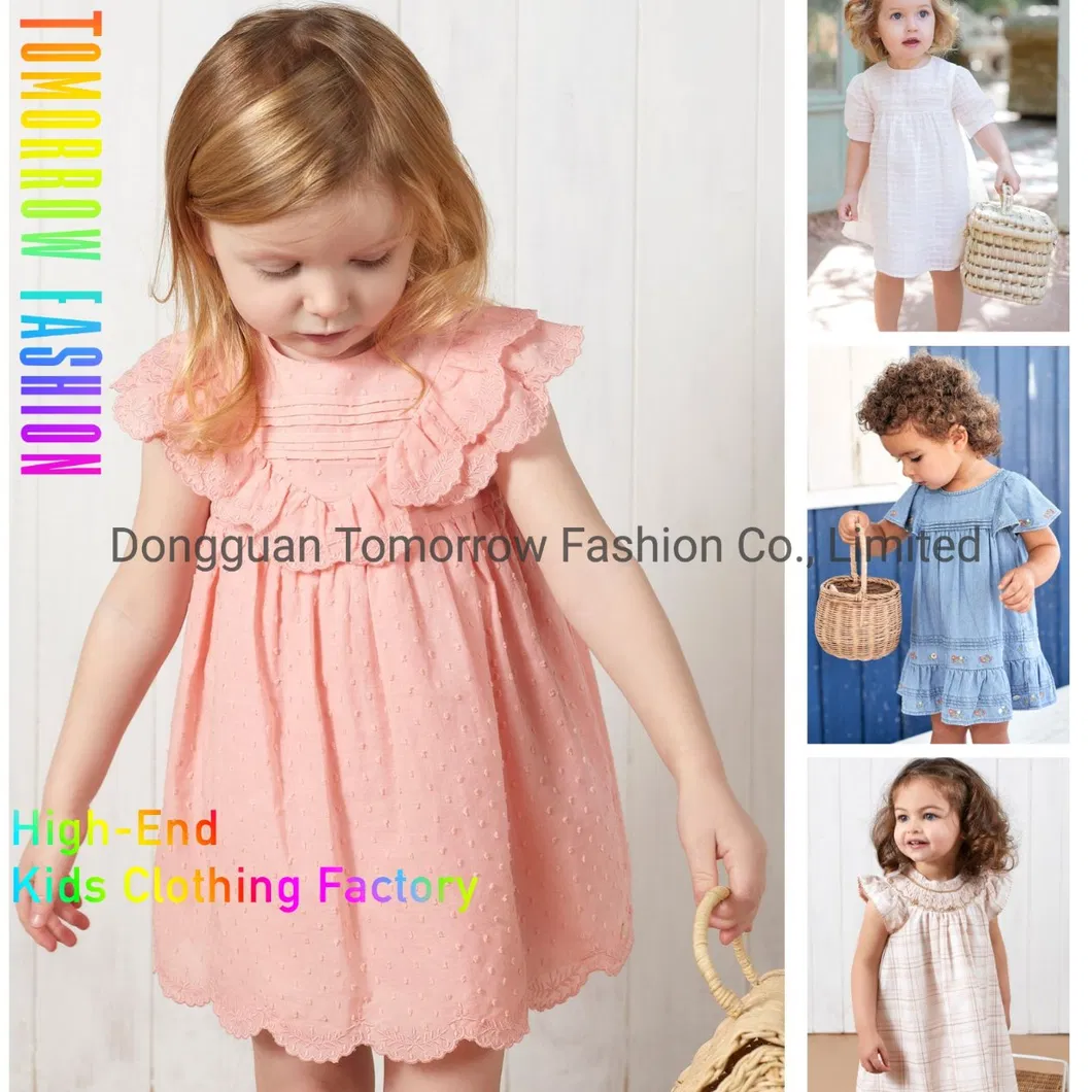 Private Label Wholesale Toddler Child Clothing OEM Custom Summer Baby Children Clothes Tops Kid Clothing Denim Girls' Dress with Flower Embroidery
