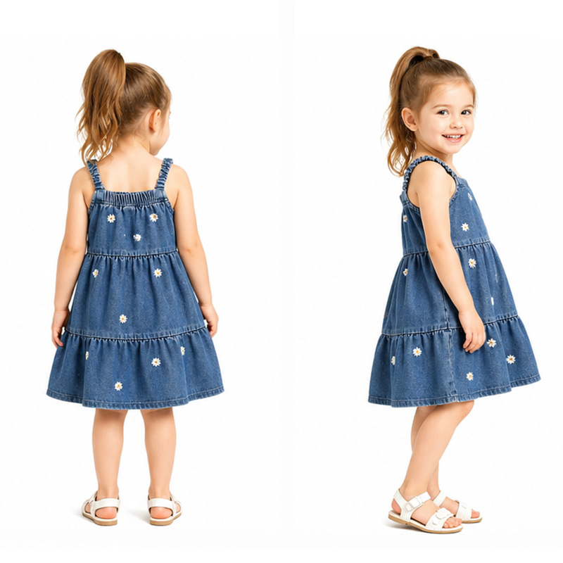 Girls Summer Casual Floral Embroidery Square Neck Sundress Children Tiered Denim Dress