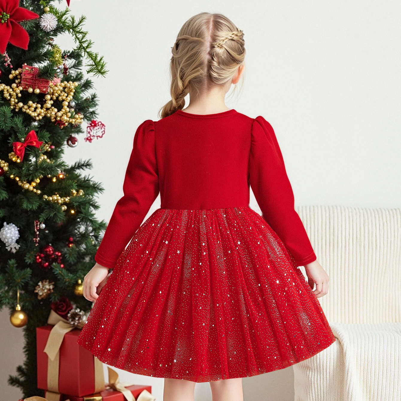 Luxury Girls Christmas Red Sequin Dress Kids Velvet Tulle Long Sleeve Princess Gown for Holiday Party