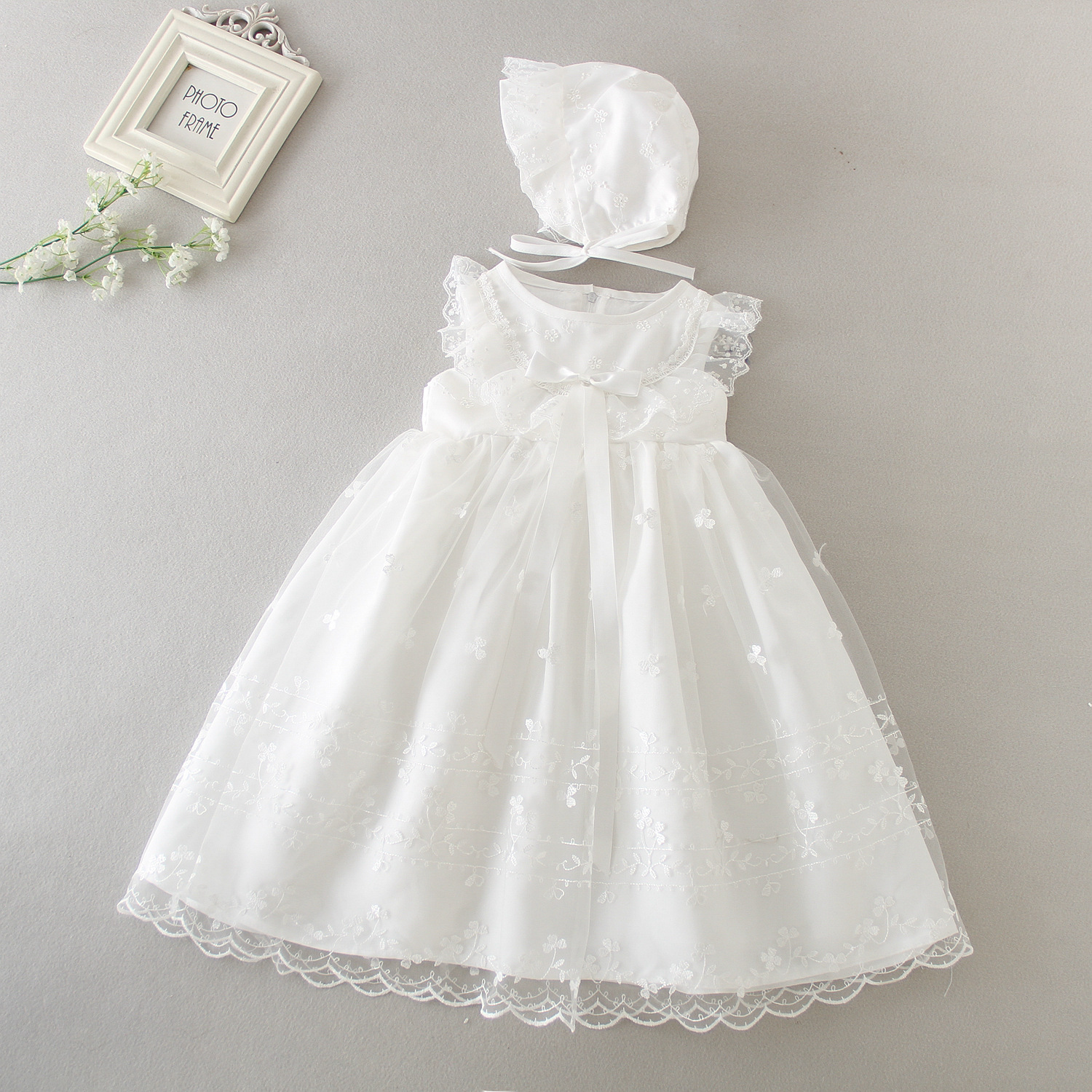New Design Vintage Short Sleeve Lace White Baptismal Dress for Baby Girl