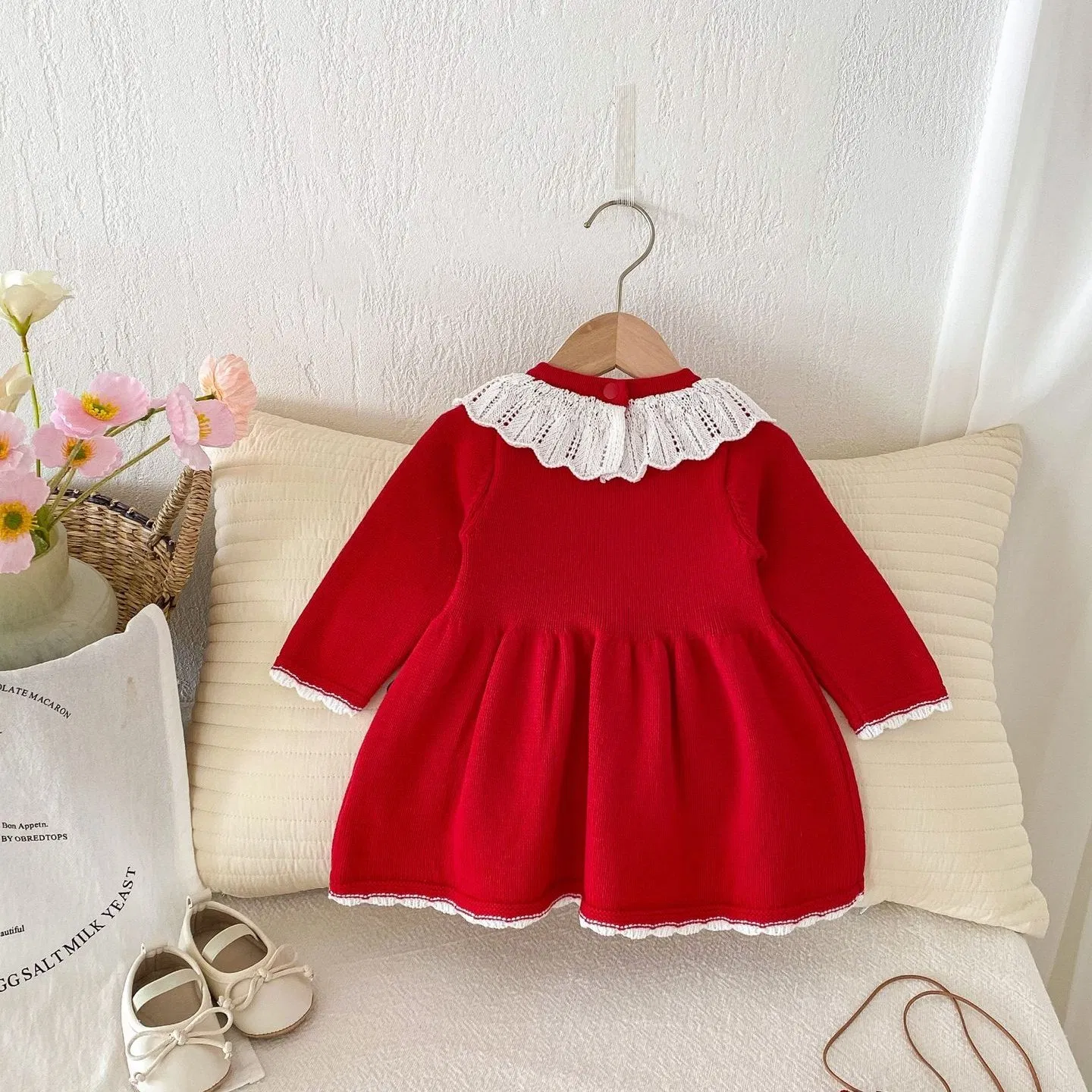Baby Knitted Spring Girl Sweater Red Clothes Kids Doll Neck Long Sleeve Knitwear Dress