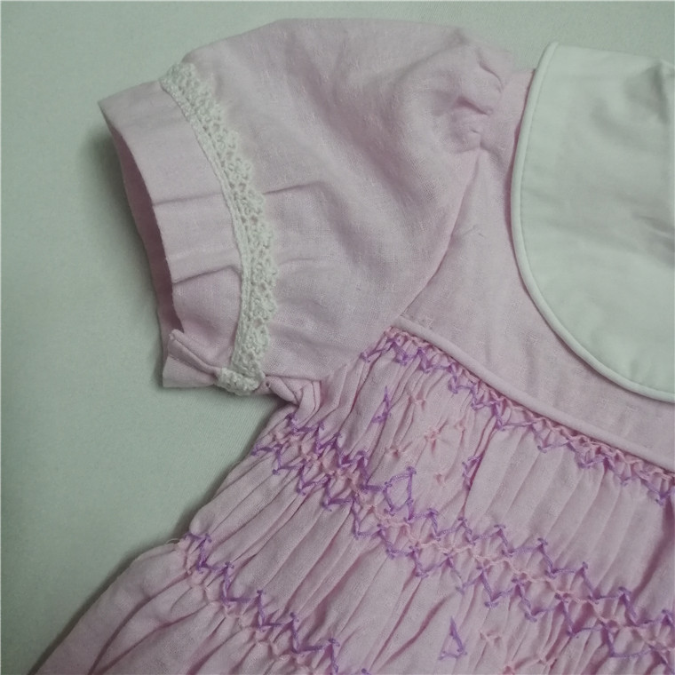 Girls Pink Peter Pan Collar Smocked Dress with Hand Embroidery Lace Trim and Waist Bow Kids Summer Cotton Dress