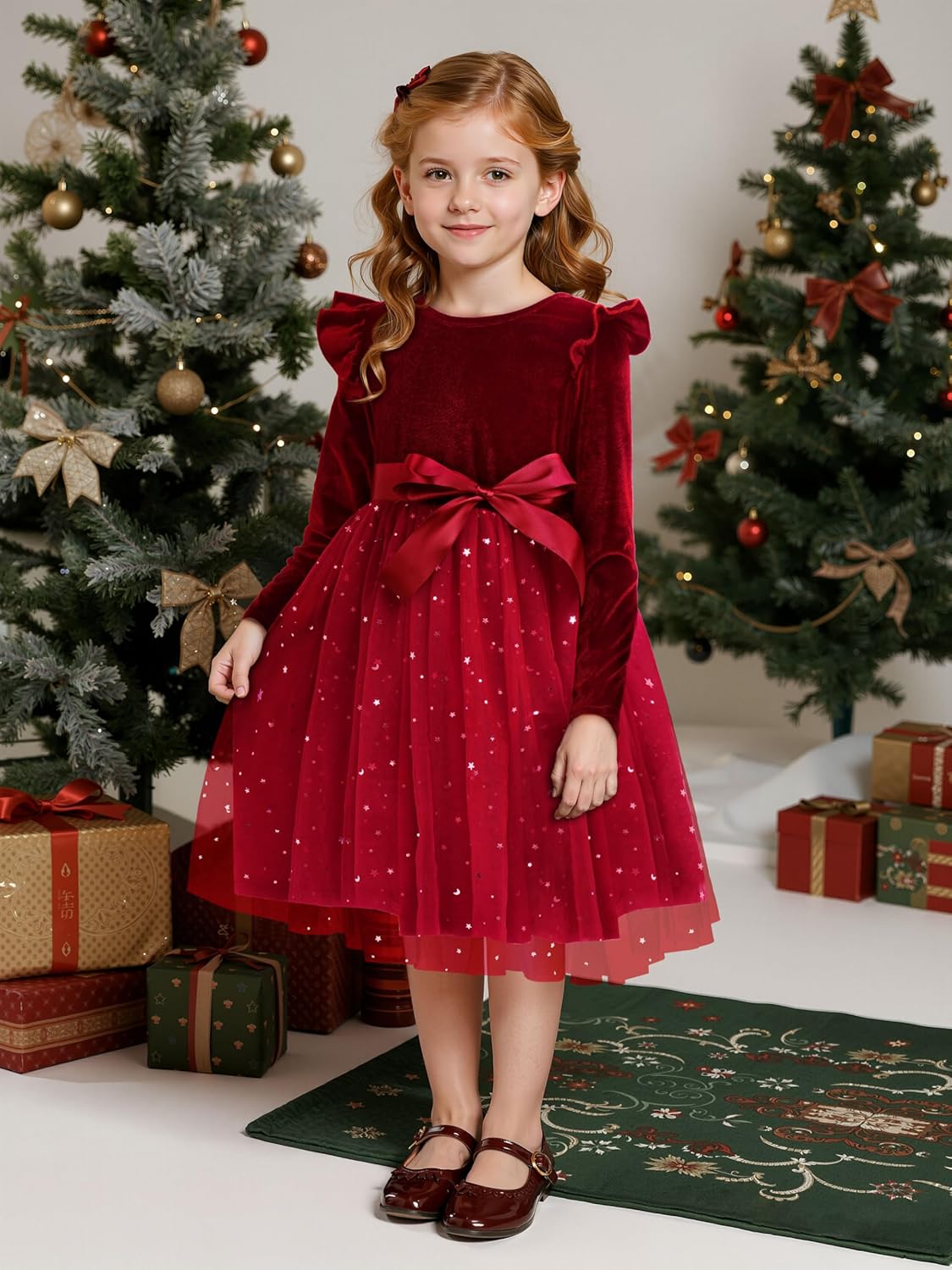 Cubear Toddler Girls Printed Velvet Tutu Bow Dress Fall Winter Long Sleeve Ruffle Holiday Party Casual 3-7Y Polyester Spandex