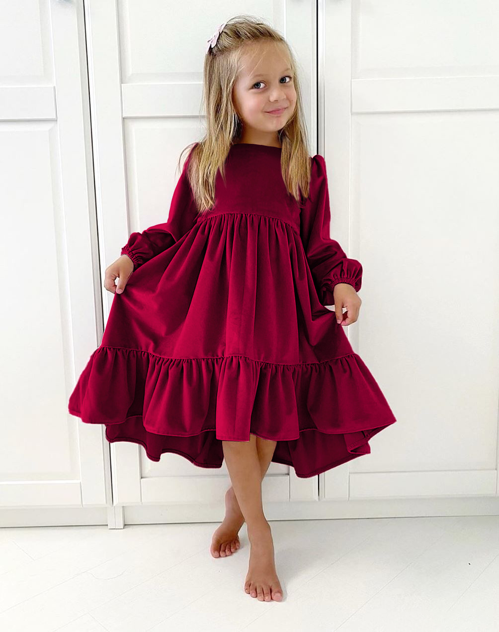 Yiwuyiyuan Custom Girl Velvet Dress Long-Sleeve Ruffle Hem Flowy A-Line Dress for Kids Daily &amp; Party Wear