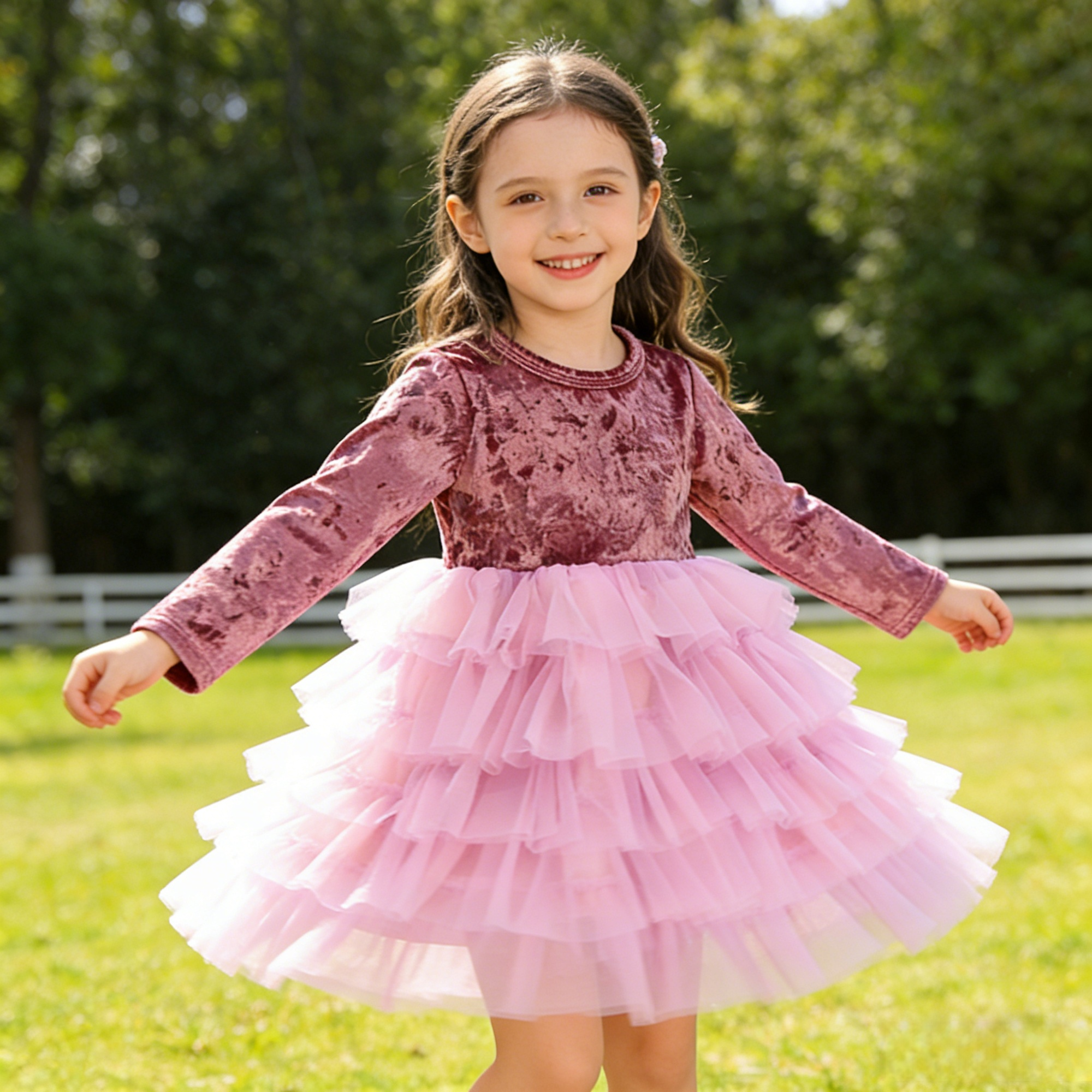 2026 Hot Sale Custom Girls' Velvet Tutu Dress Long Sleeve Layered Tulle Party Dress for Baby Girl