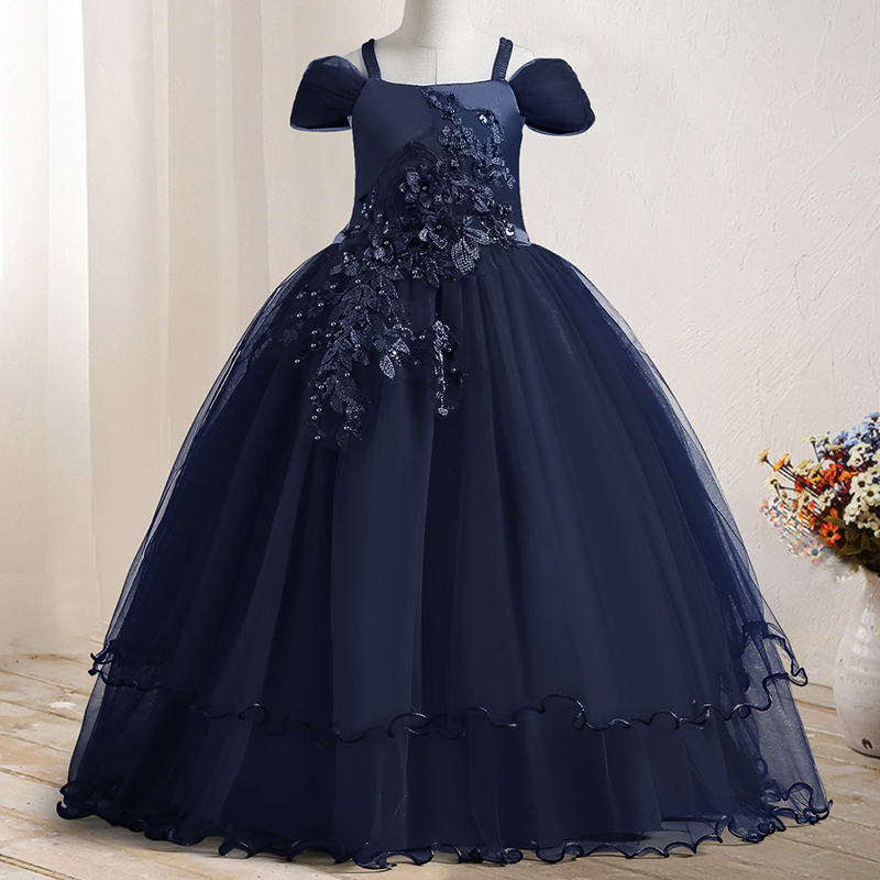 Hot Selling Kids Gown Girls Birthday Pageant Party Dress Solid Formal Vintage Embroidery Lace Off Shoulder Girls Princess Dress