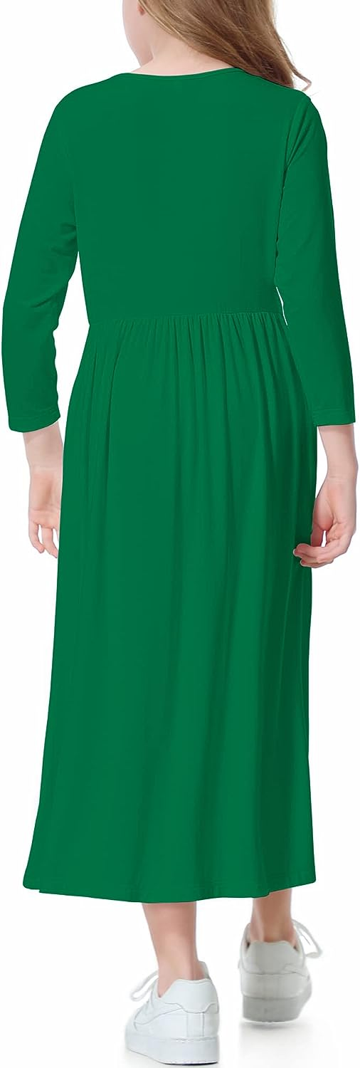 Girls Long Maxi Dress Kids Long Sleeve Swing Casual Dresses with Pockets