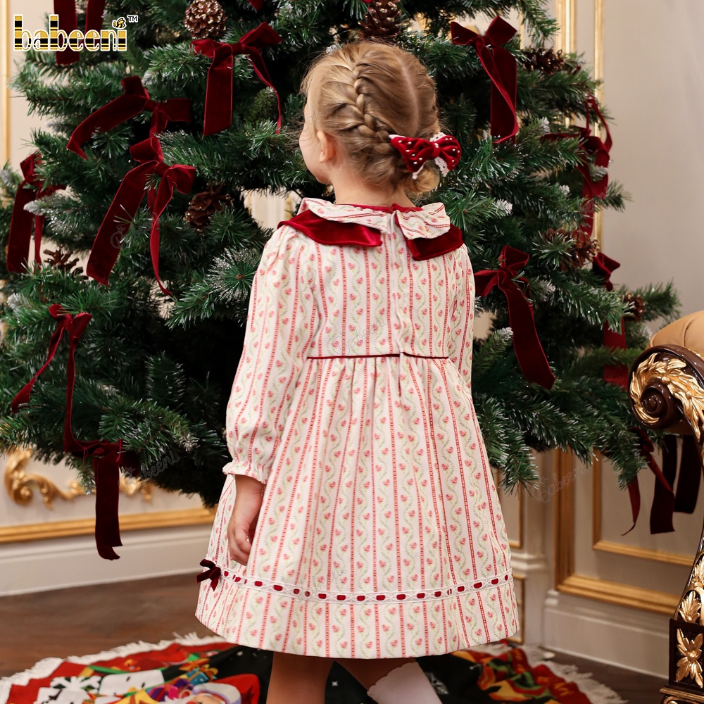 Girls Children Holiday Print Dress O-Neck Collar Velvet Waistband 100% Cotton ODM Wholesale Smocked A-Line Mini Casual
