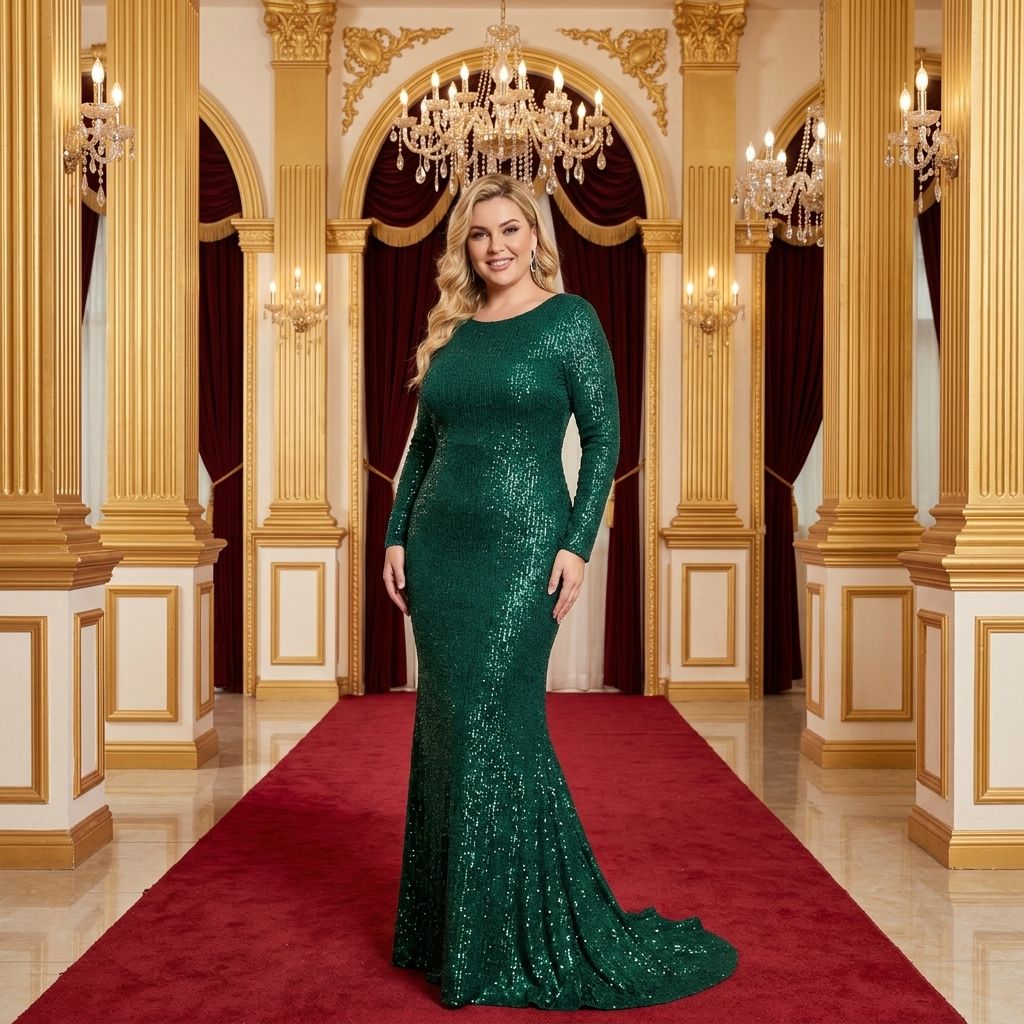 Sunset Boulevard Luxury Long Sleeve Sequin Gown For Women Round Neck Formal Evening Dress Mermaid Bodycon Sweep Train Maxi Dress
